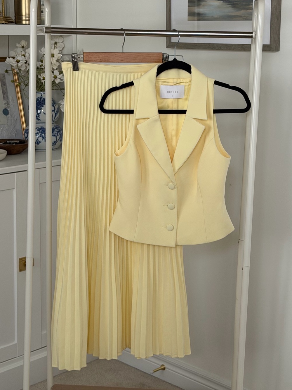 Meshki Pale Yellow Pleated Midi Skirt with Matching Vest